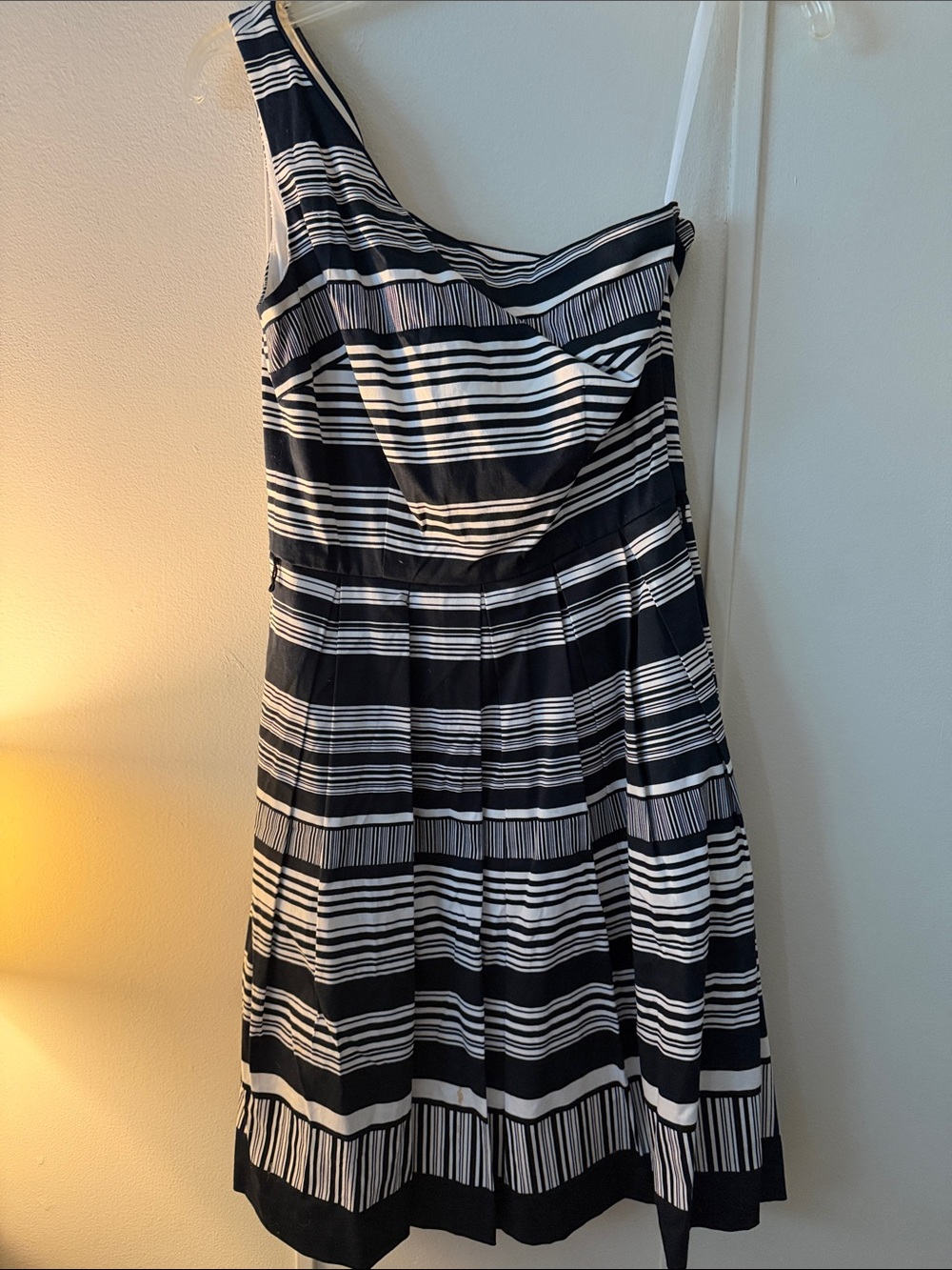 White House Black Market Navy and White One-Shoulder Striped Dress